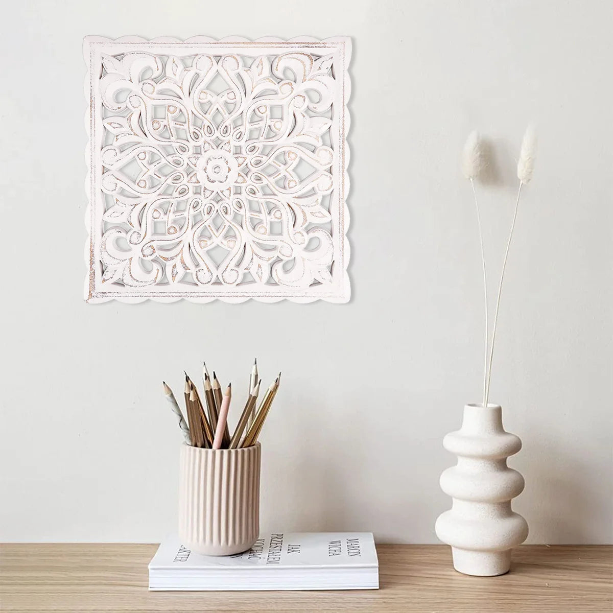 Wooden Wall Decor Floral Hollow Carved Wall Panel Hanging Decor Rustic Wall Art Sculpture Home Wall Ornament for Hallway Bedroom