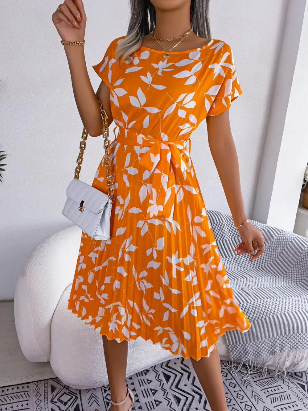 Ficusrong Fashion Floral Pleated A Line Long Dress Women Spring Summer Short Sleeve High Waist Chic Dress