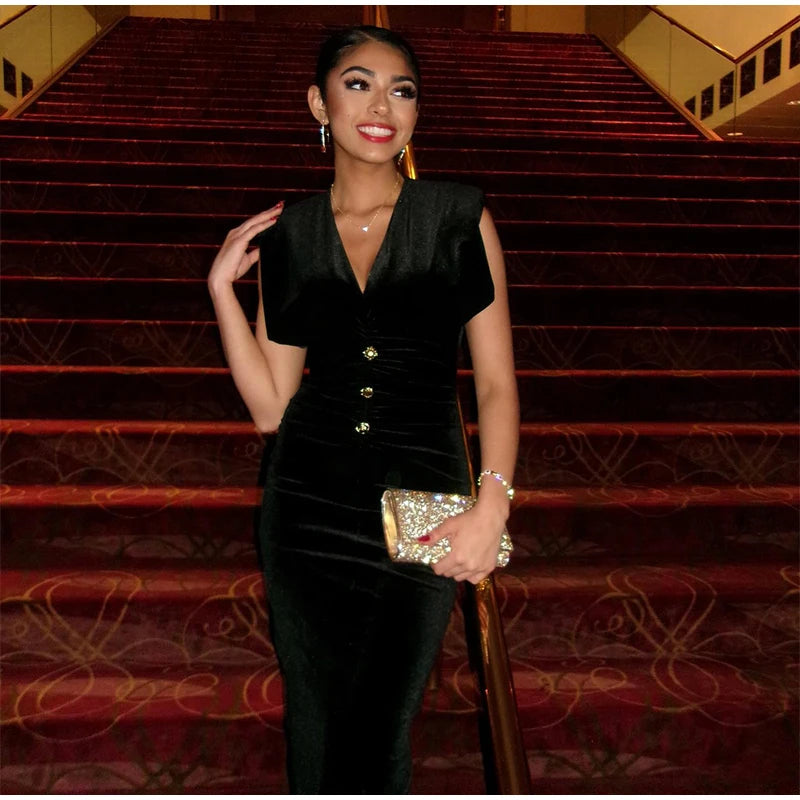 Elegant Velvet Long Dress Women V Neck Sleeveless High Waist Shoulder Pad Dresses Female 2025 Fashion Evening Vent Dresses Lady