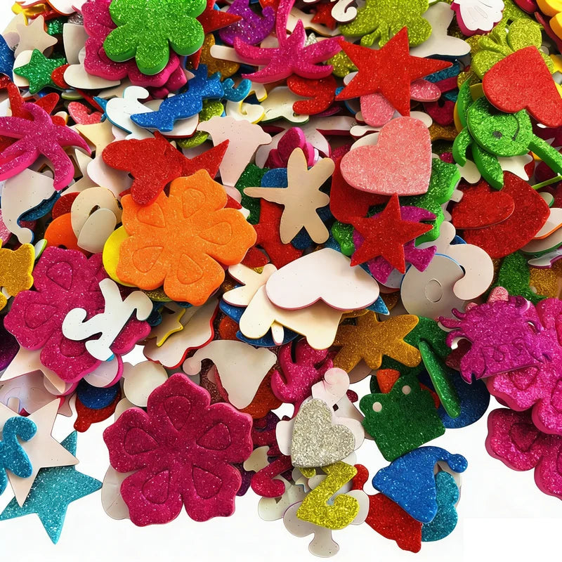 100PCS Glitter Foam Stickers Assorted Shapes Self-Adhesive Craft Stickers for Kids DIY Scrapbooking Card Making Classroom Decor