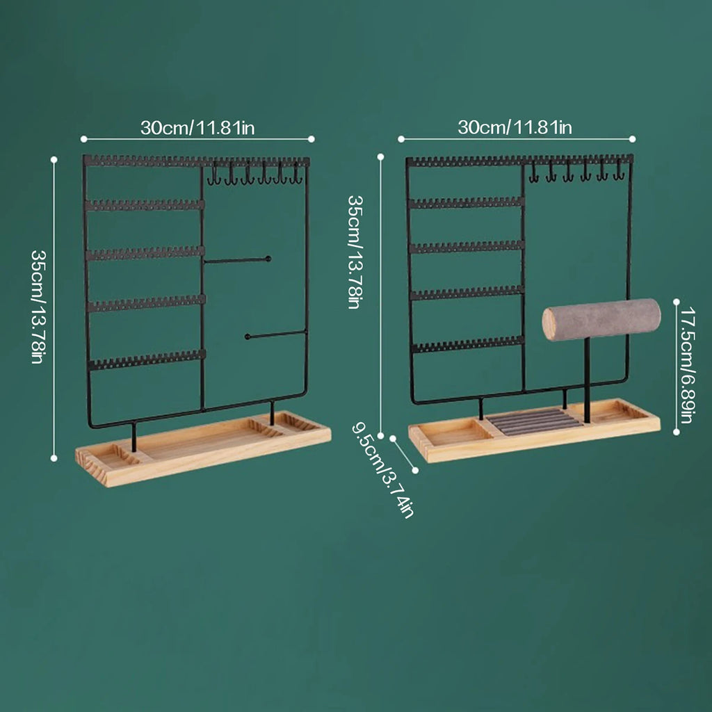 Metal Jewelry Organizer Stand with Wooden Tray - Multi-Functional Storage for Earrings, Necklaces, Bracelets & Rings