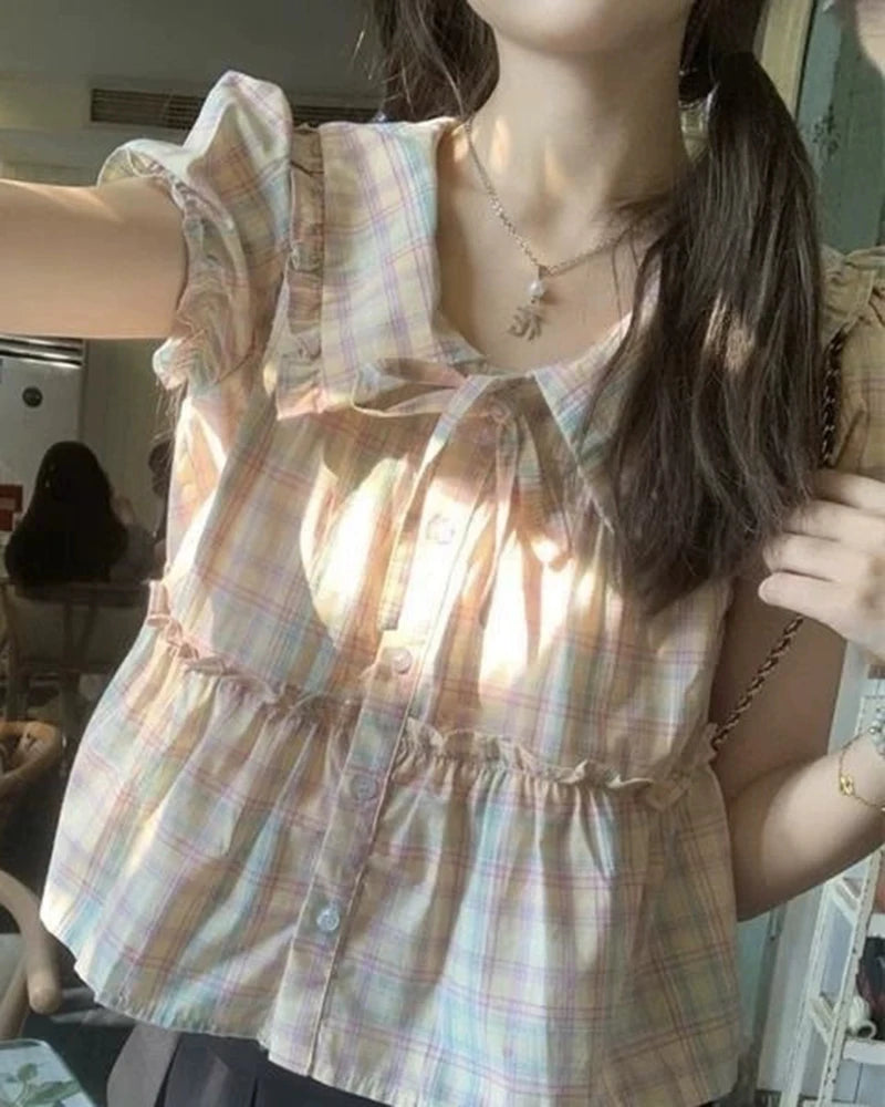 Preppy Style Sweet Plaid Shirt Women Summer Cute Peter Pan Collar Cropped Blouse Kawaii Casual Lace Up Lady Tops New