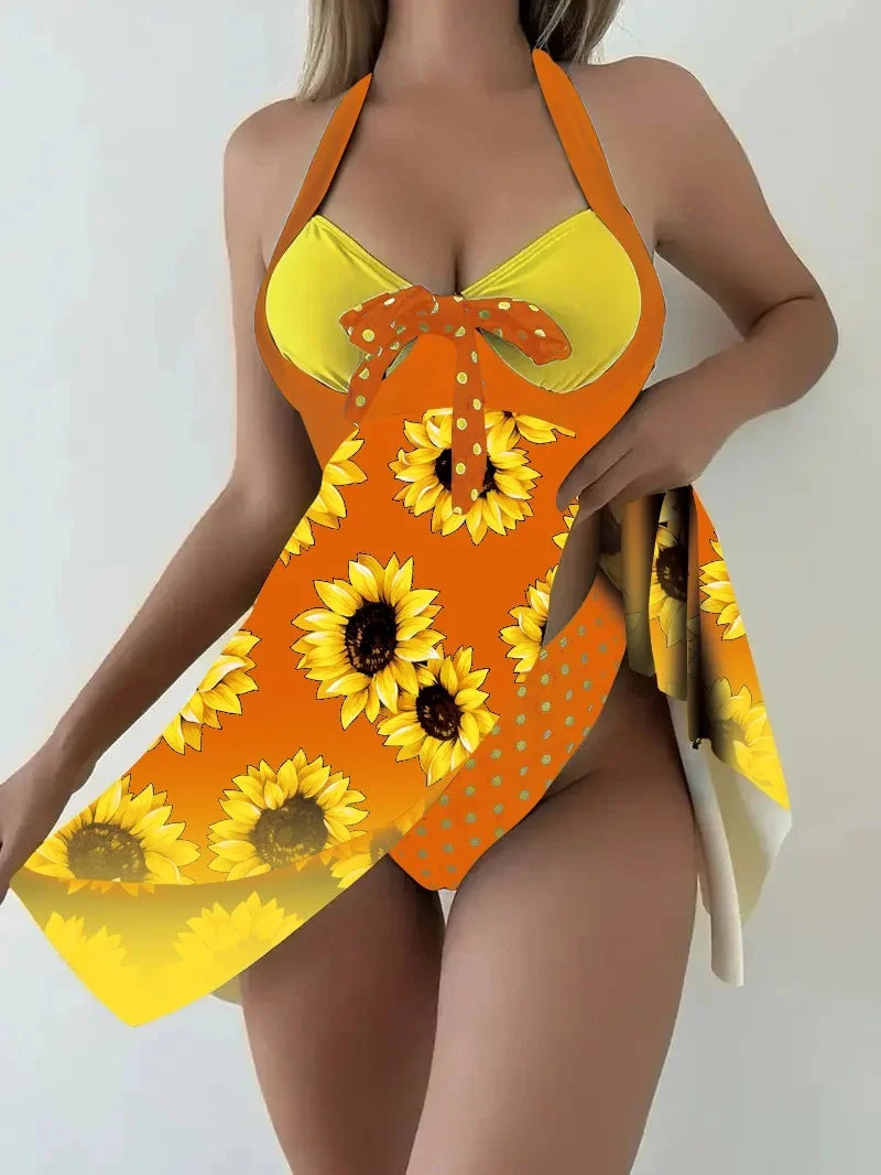 New 2025 Women's Two-Piece Bikini Set Yellow Sunflower Print Maxi Dress Style Swimsuit Floral Patterned Separate Swimsuit