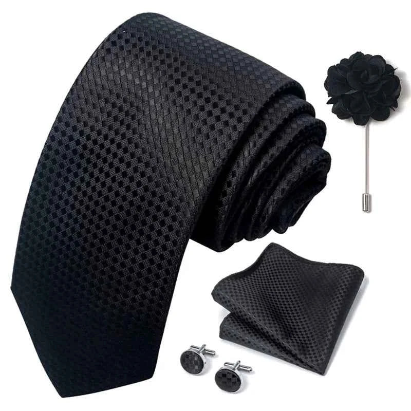Luxury Mens Ties Floral Black Gold Ties Paisley NeckTie Pocket Square Cufflinks Brooch Set Men's Wedding Party Tie