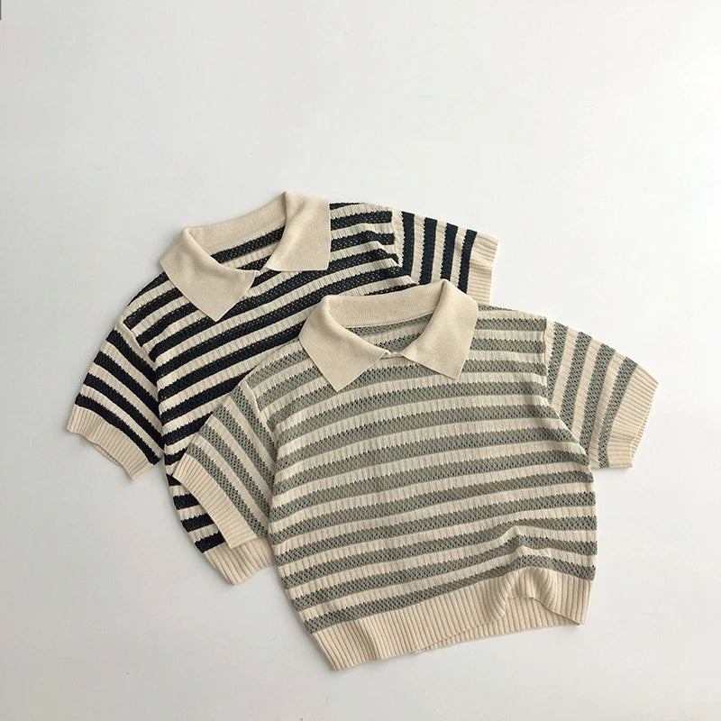 Spring and Summer Japanese Korean 1-6Y Children's Hollow Knitted Shirts Stylish Girl's Boy's Striped Short Sleeved T-shirts