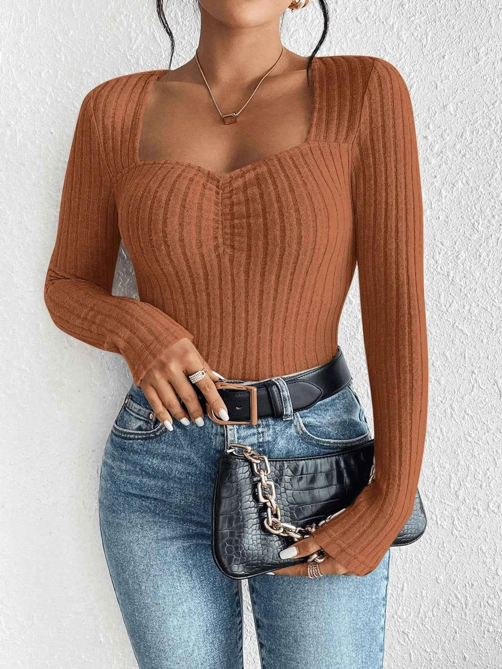 Women's Fashion Diamond Collar Knitted Base Shirt Casual Long Sleeve Top Knitwear Trendy Elegant Style