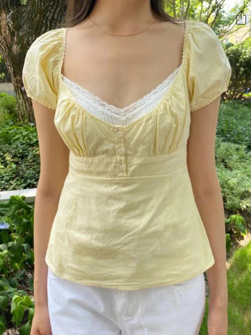 White Striped V-neck Buttons T-shirts Women New Casual Cotton Lace Trim Sexy Crop Tops Sweet Cute Preppy Style Blouse Tees Y2K
