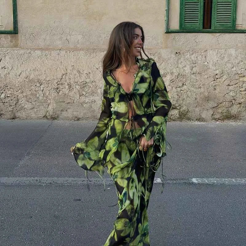 Print Y2K Mesh Long Sleeve Top Shirts Green and Maxi Skirt Bodycon Two Piece Sets Beach Outfits Women Club