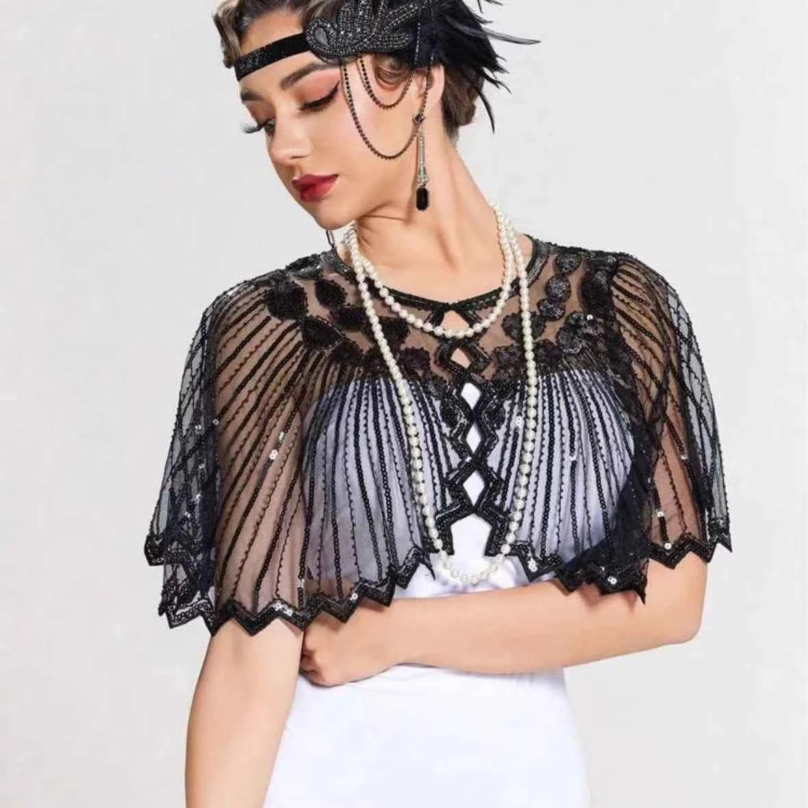 1 pcs 1920s Vintage Sequined Fringed Shrug Elegant Shawl For Women Beaded Cape Suitable For Formal Party Wedding Harem Night