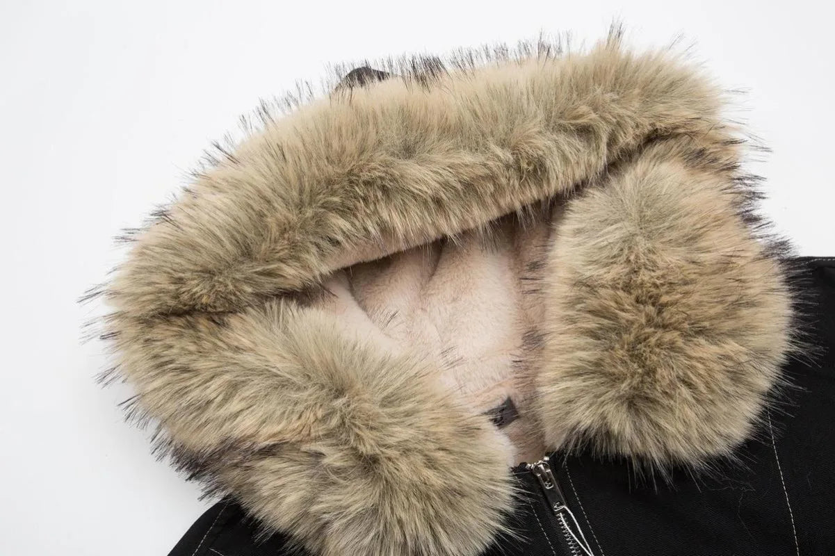 Y2K New American Cleanfit Fur Collar Imitation Mink Fur Hooded Cotton-padded Jacket Men Gothic Retro Hip-hop Short Tooling Coat