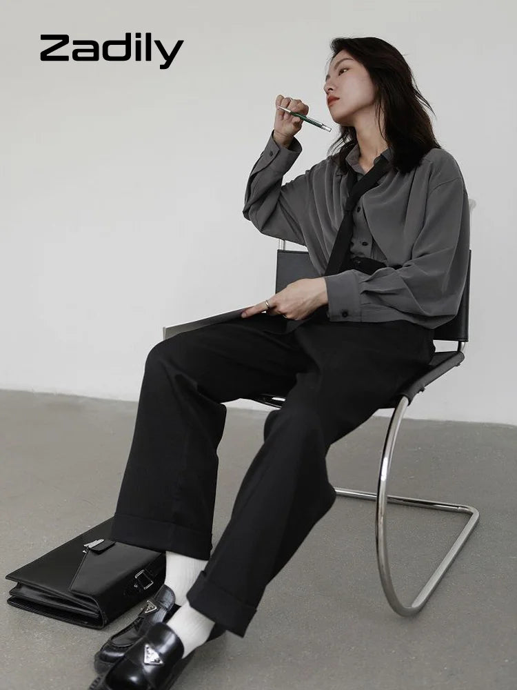 2026 Summer Women's Oversized Long Sleeve Blouse 2026 Summer New Arrival Tie Neck Shirt Loose Fit Office Elegant Fashion