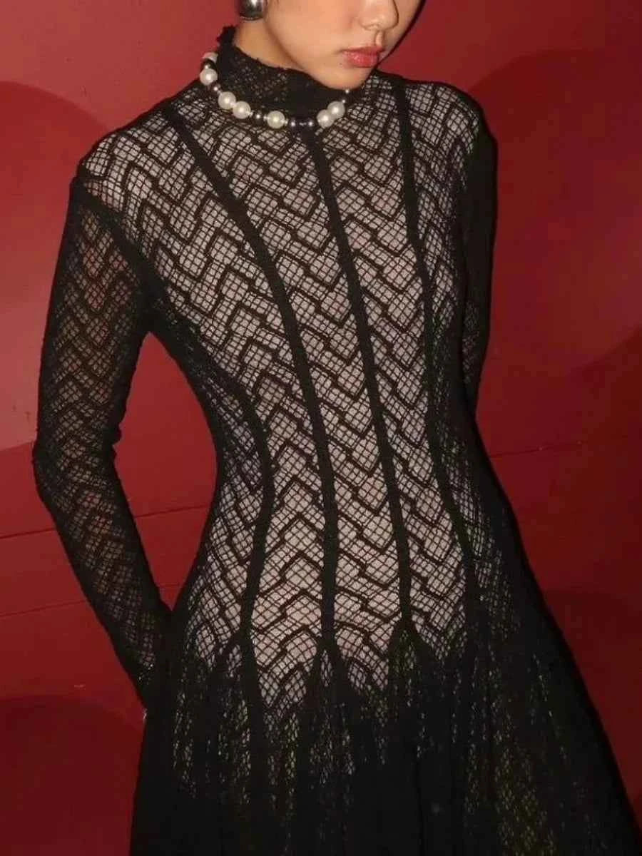 TWOTWINSTYLE Solid Slimming Spliced Ruffles Dresses for Women Round Neck Long Sleeves Patchwork Hollow Out Dress Female Clothing