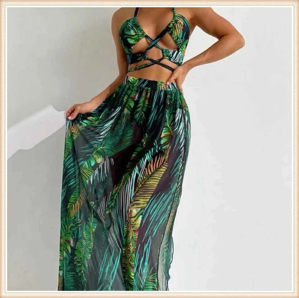 3 Pieces Print Cross Bikini 2025 Women Sexy Halter Swimsuit & Cover Up Beach Dress Swimwear Bathers Bathing Swimming Suit Summer