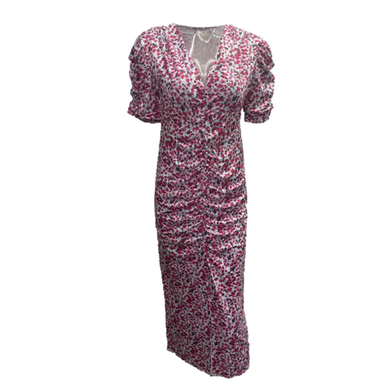 Women Bubble Short Sleeve Dresses Deep V Neck Pullover Dress Split Hem Pleated Gown Female Sweet Style Small Flower Print Frock