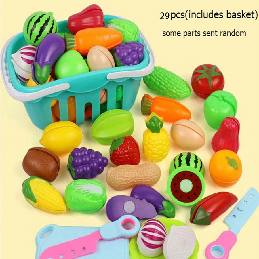 Kids Kitchen Pretend Play Food Toy Set with Cutting Features Random Fruit & Vegetable Accessories Storage Basket & Plastic Dishe