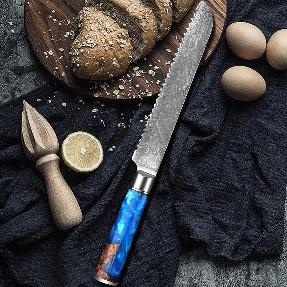 1-8pcs Professional kitchen knife set Damascus Steel Set for Meat Cutting Sushi Peeling and Boning Blue Resin Wood Handle