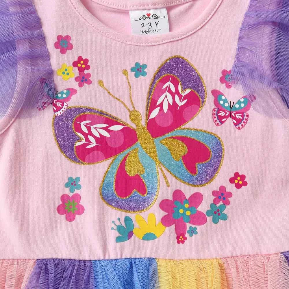 DXTON Ruffles Sleeveless Princess Dresses Mesh Elegant Kids Dress For Girls Butterfly Floral Summer Children Holiday Clothing