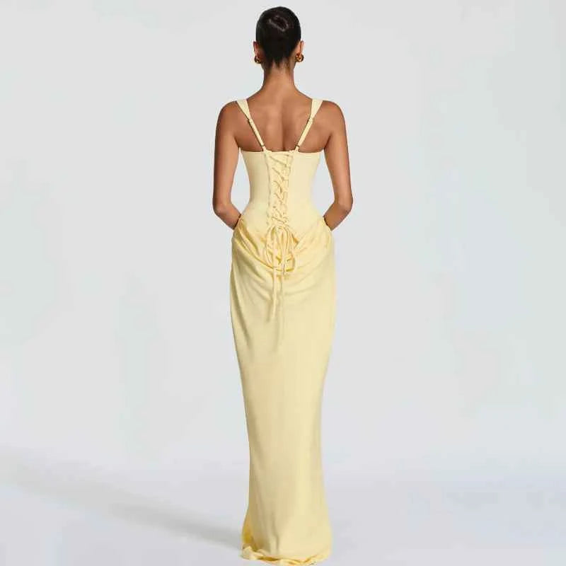 Yellow Strapless Pleated Dress Women Elegant Sexy Sleeveless Waist Cinching Split Maxi Gowns 2026 Lady New Evening Party Dresses