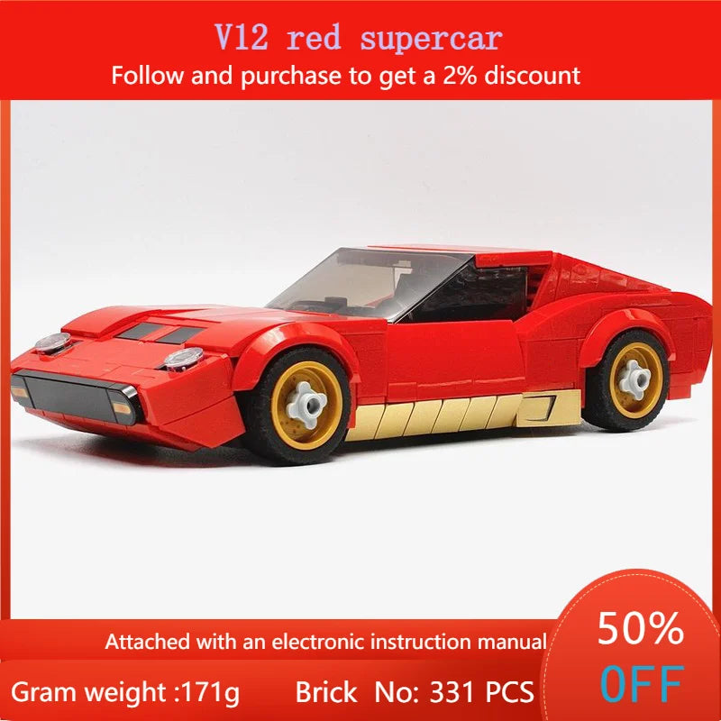 331 Parts City Speed MOC Building Block Model V12 Red Supercar Toy For Boys Adults Children Christmas Holiday Gift