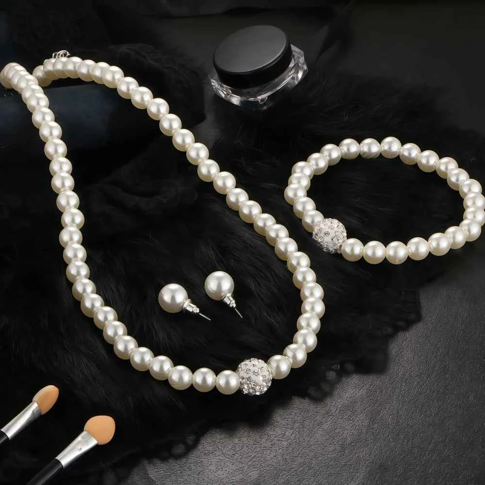 3 PCS Imitation Pearl Fireball Necklace Bracelet Earring Stud Jewelry Set Silver Color Crystal Stone Elegant Bridal Jewelry Gift