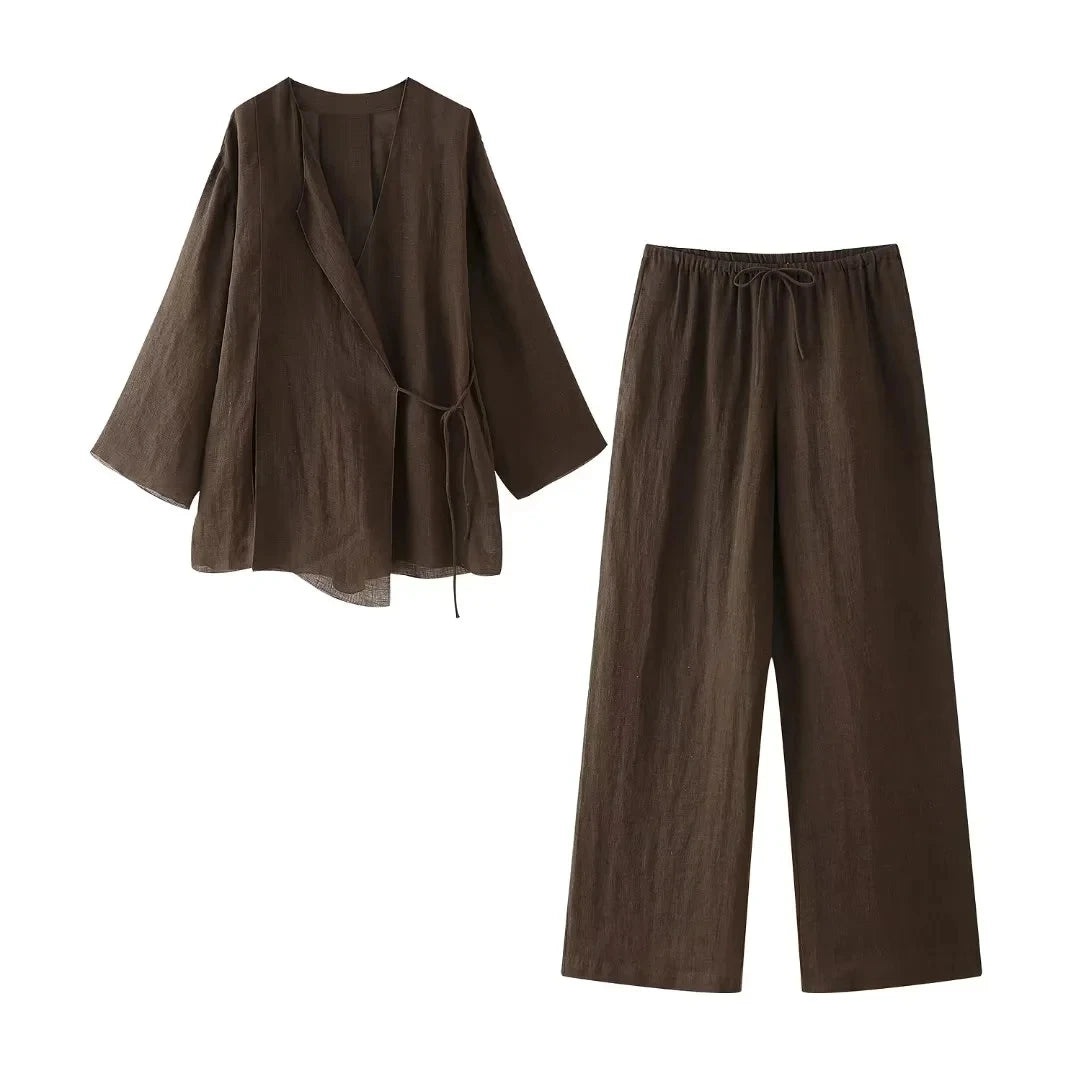 HH Pajama Style Pants Sets Women Fashion Kimono Style Lace Up Shirt Top Elastic Waist Trousers Women's Casual Outfits