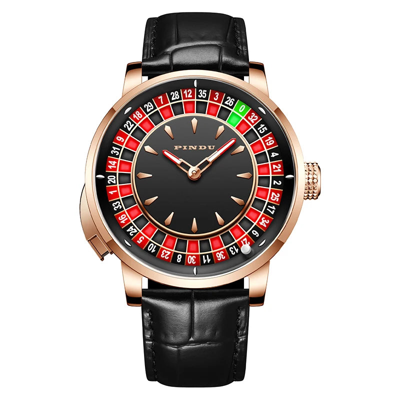 PINDU Player Series Mechanical Watches for Men European Roulette Game Dial Automatic Movement Funny Design Party  Watch