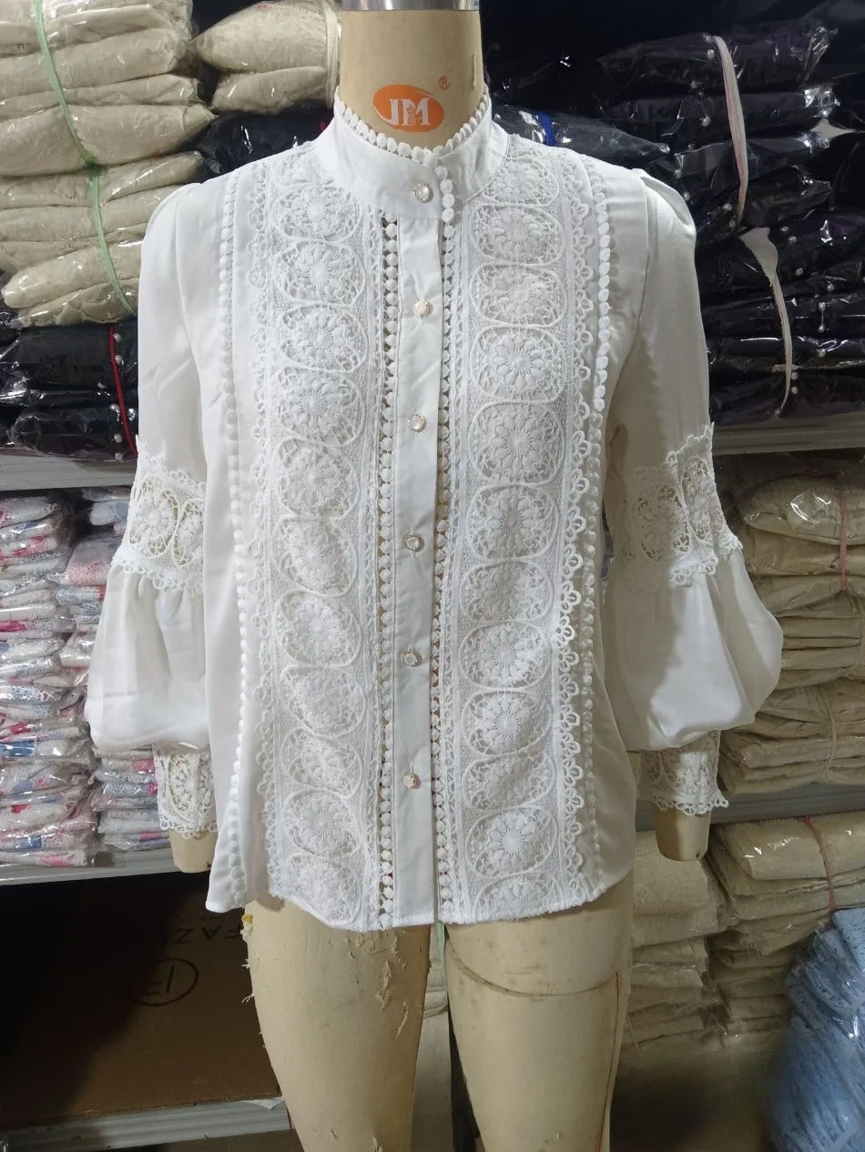 White Lace Blouses Women Elegant Solid Casual Lace and Button Hook Flower Hollow Puff Sleeves Blouse Top Lady Office Shirts