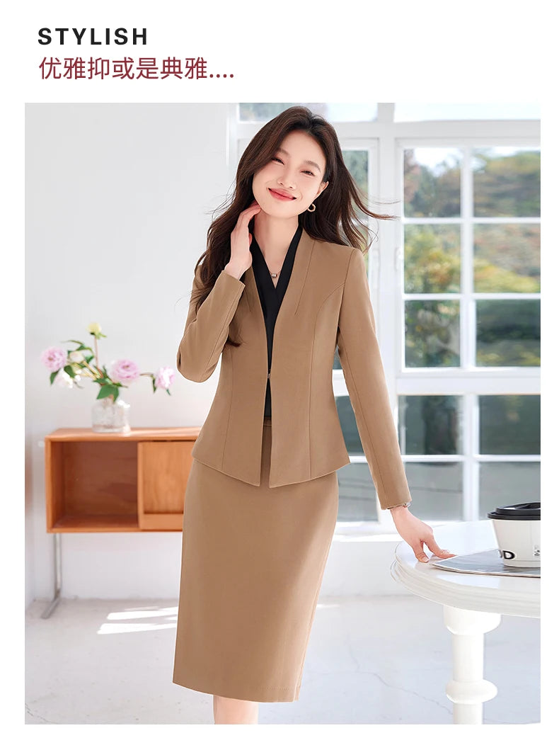 AIyssa Fashionable classic long-sleeved suit set, office business women's clothing, high-quality two-piece suit jacket + skirt.
