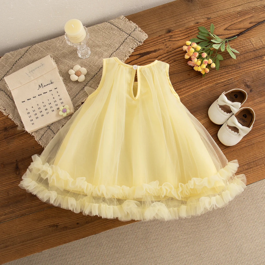 Baby Girl Pink Dress Flower Sweet Sleeveless Feather Gauze Princess Dress Wedding Party Dress for Kids Girl