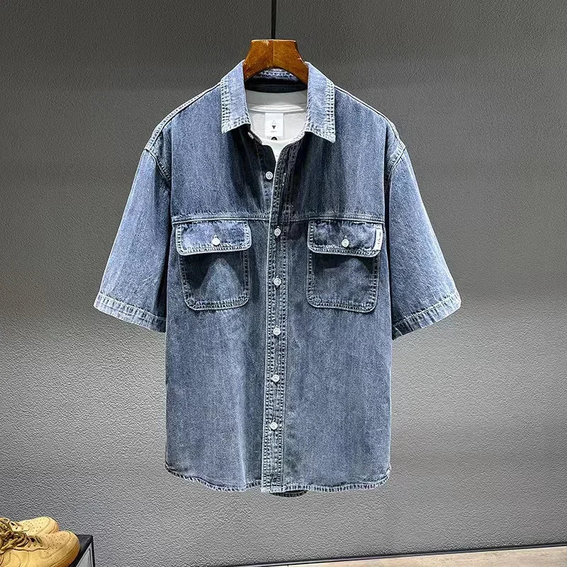 Summer New Men's Denim Short-sleeved Shirt Retro Large Size Tooling Loose Casual Denim Tops All-match 7XL 8XL