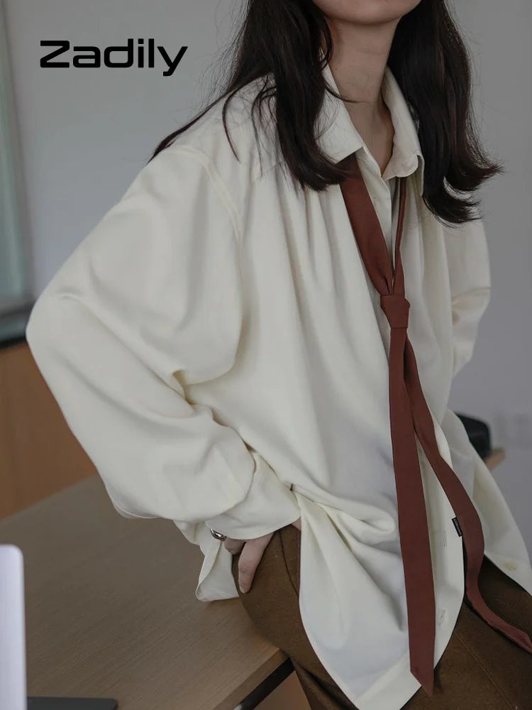 2026 Summer Women's Oversized Long Sleeve Blouse 2026 Summer New Arrival Tie Neck Shirt Loose Fit Office Elegant Fashion