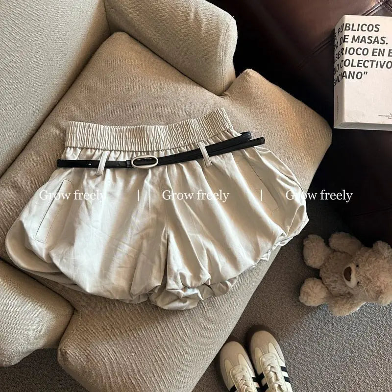 Women High Waist Casual Summer 2025 Elastic Waist Shorts Korean Style Blooming Skirt Pants with Belt