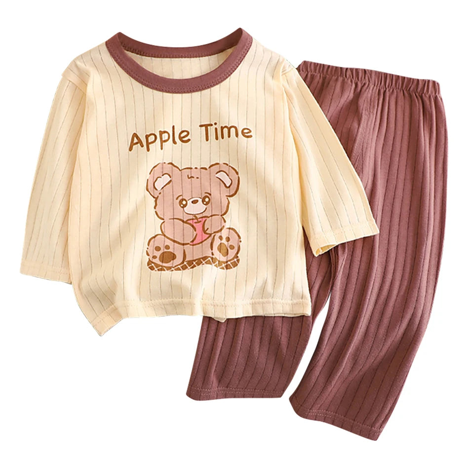 Summer Kids Cotton Pajama Sets Long Sleeve Pants Suitable Baby Gentle Nighttime Comfortable Sleepwear in Air Conditioned Rooms