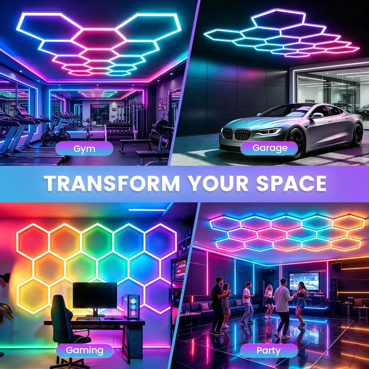 Smart hexagonal honeycomb RGB ambient tube light DIY modular splicing plug and play color lamp 85V-265V phone APP & remote control support timing shutdown music sync mode brightness and color adjustable, ideal for gaming room