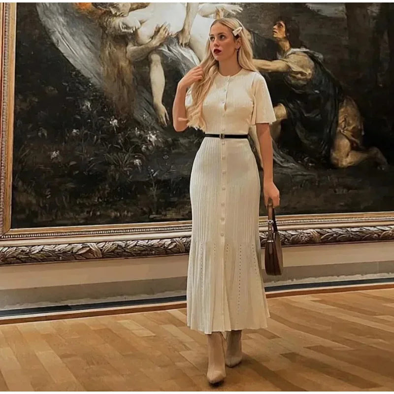 Knitted Women Long Dresses Hollow Out Short Sleeved Women Split Dress O-neck Single Breasted Female Solid Elegant Ladies Robe