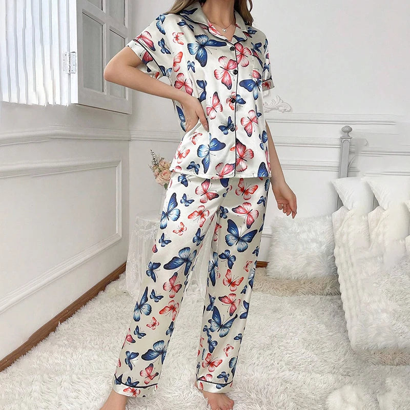 Women's Pajamas Sets Autumn Short Sleeve Buttons Top & Pants Sleepwear 2 Piece Button-Down Pj Set Homewear Satin Loungewear