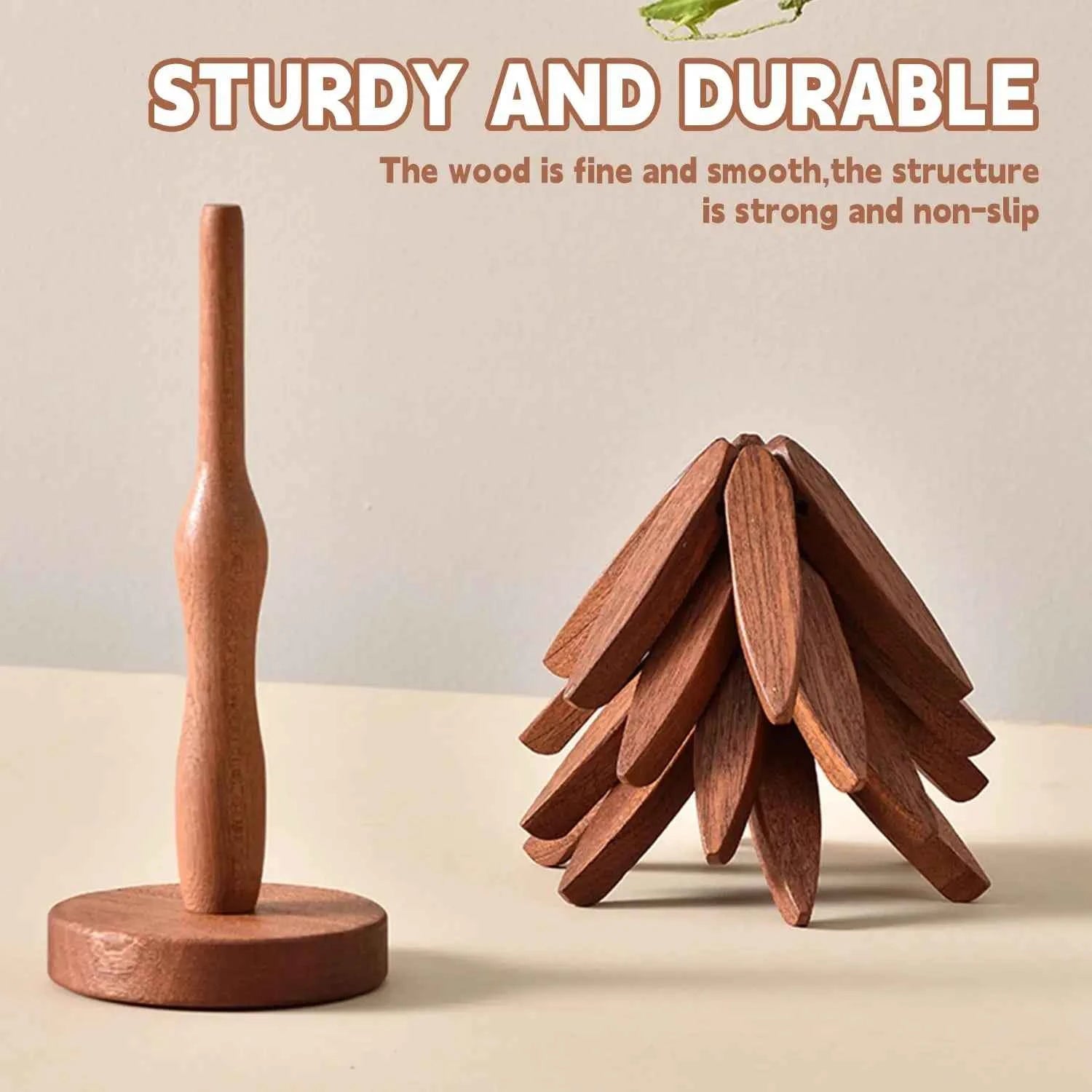 Tree Shape Wooden Trivet Set 4 Trivets + 1 Stand for Hot Dishes Natural Foldable Kitchen Trivet for Pot Bowl Teapot Hot Pot Hold