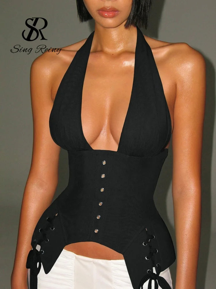 SINGREINY Celebrity Style Halter Corset Sexy Top Female Lace Up Backless Sensual Tank Top Fashion Rivet Mesh Tummy Control Camis