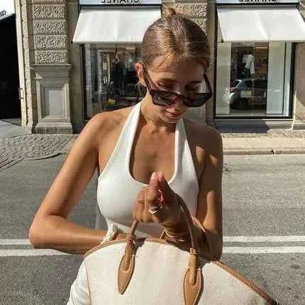 Women's Sexy Spice Hanging Neck Backless Small Suspenders Slim Short Neckline Solid Color Threaded Peplum Short Tops