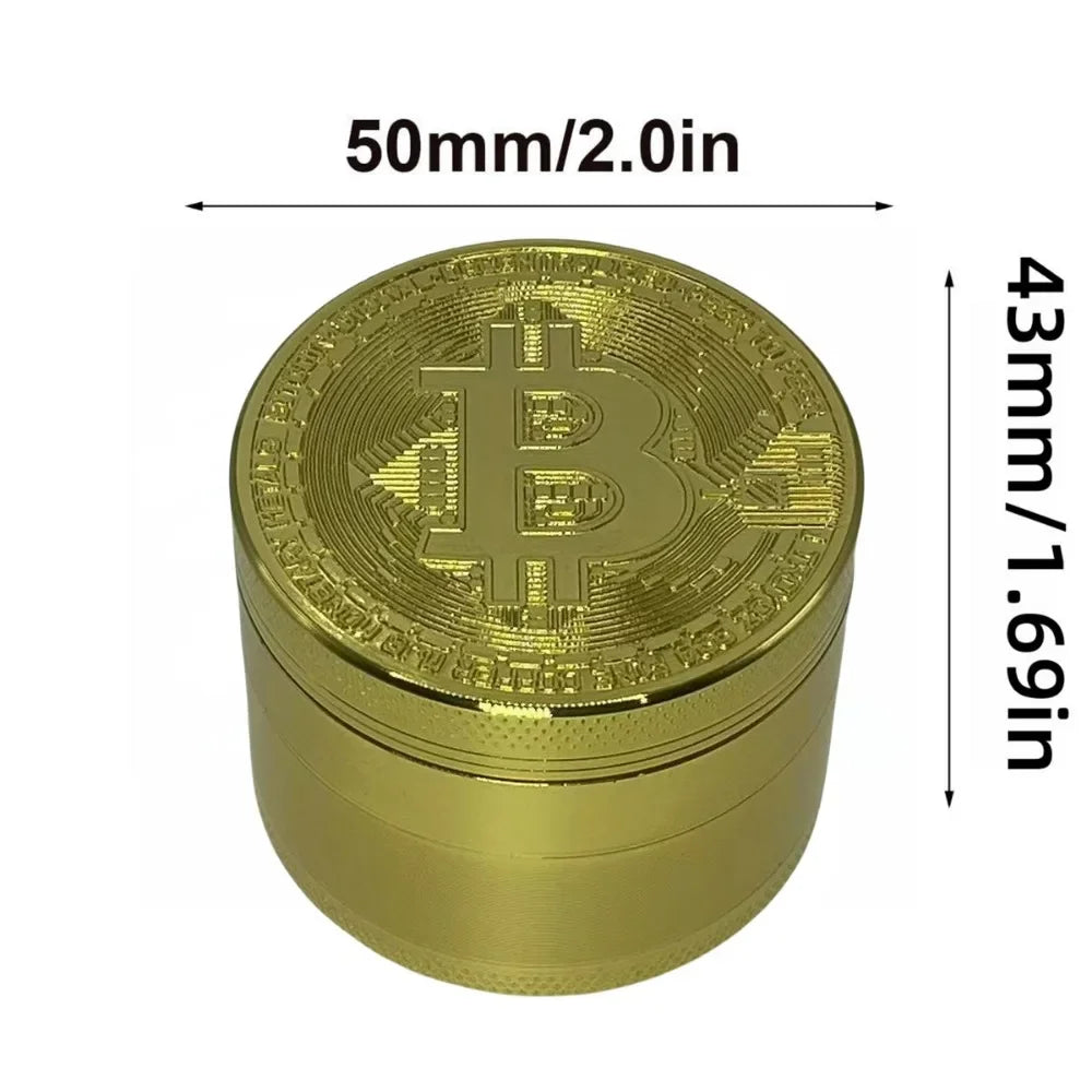 50mm Bitcoin Gold Herb Grinder 4-layer Spice Pepper Mill Mortar Metal Grass Tobacco Grinder Smoking Accessories Kitchen Tool