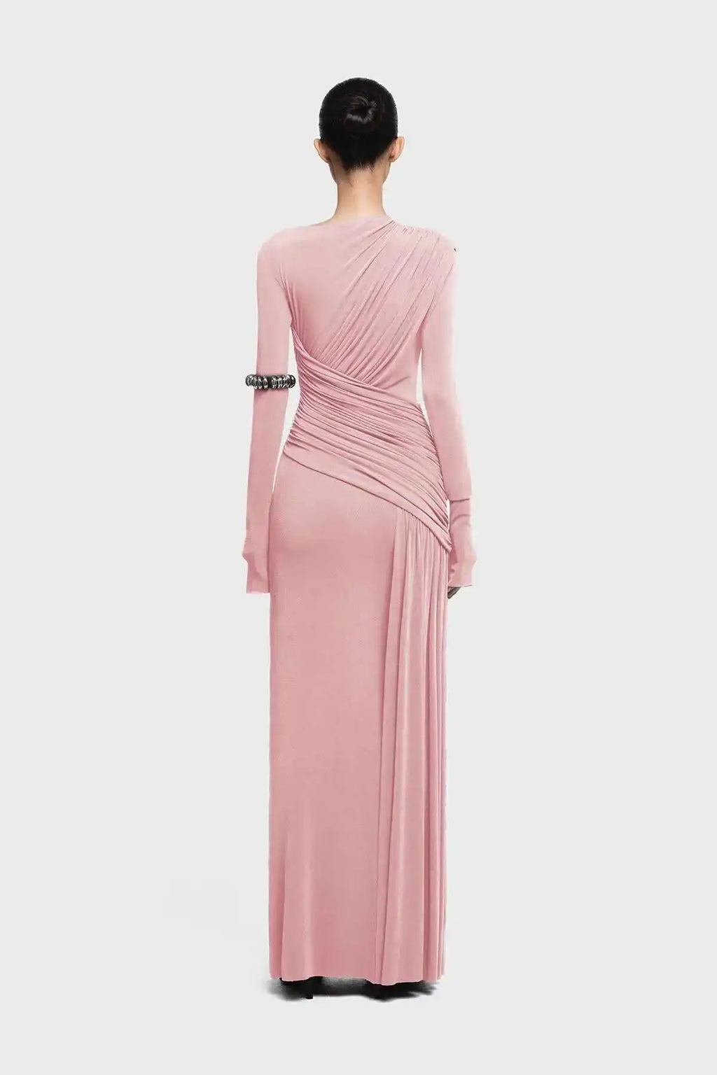 QMQA Fashion Women's Asymmetric Pleated Elegant Dress Solid Color Long Sleeve High Waist Slimming Party Dresses 2025 New QM519