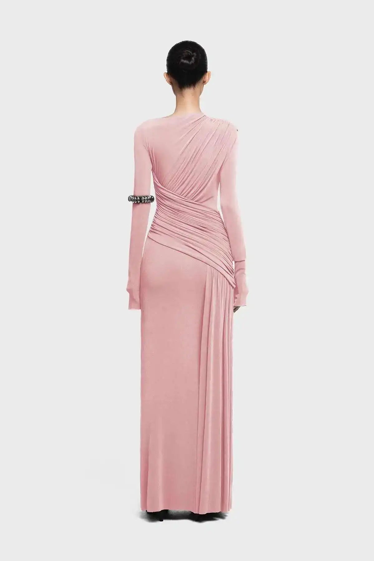 QMQA Fashion Women's Asymmetric Pleated Elegant Dress Solid Color Long Sleeve High Waist Slimming Party Dresses 2025 New QM519
