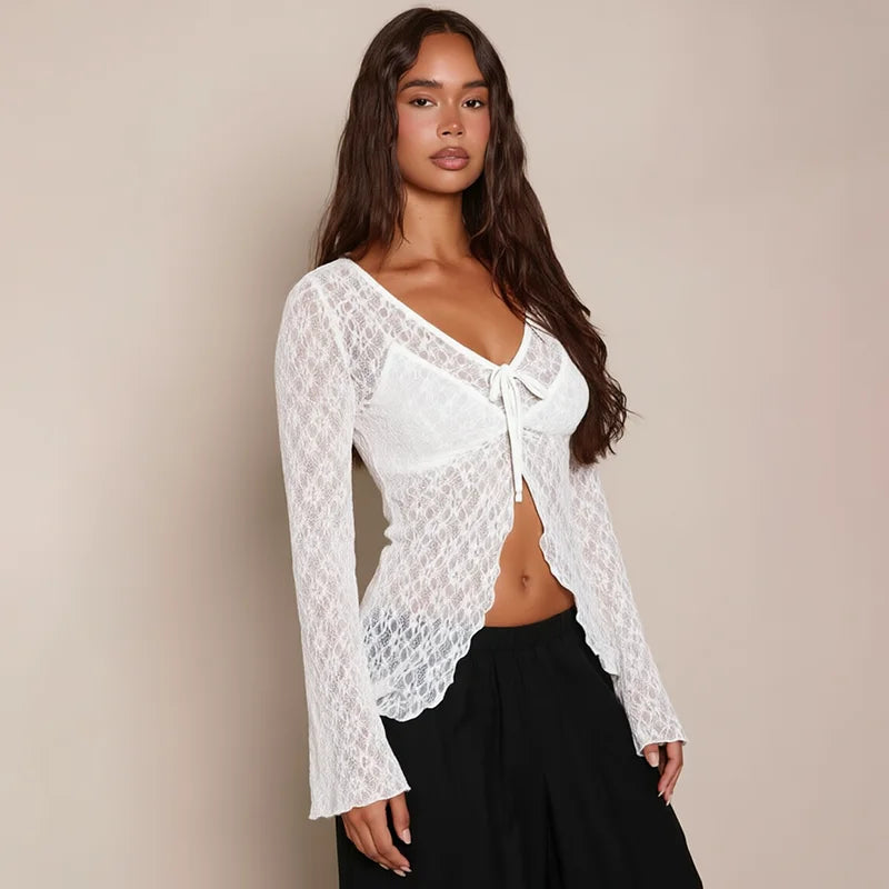 French style pure desire V-neck lace long sleeved shirt, slimming and versatile, long sleeved top