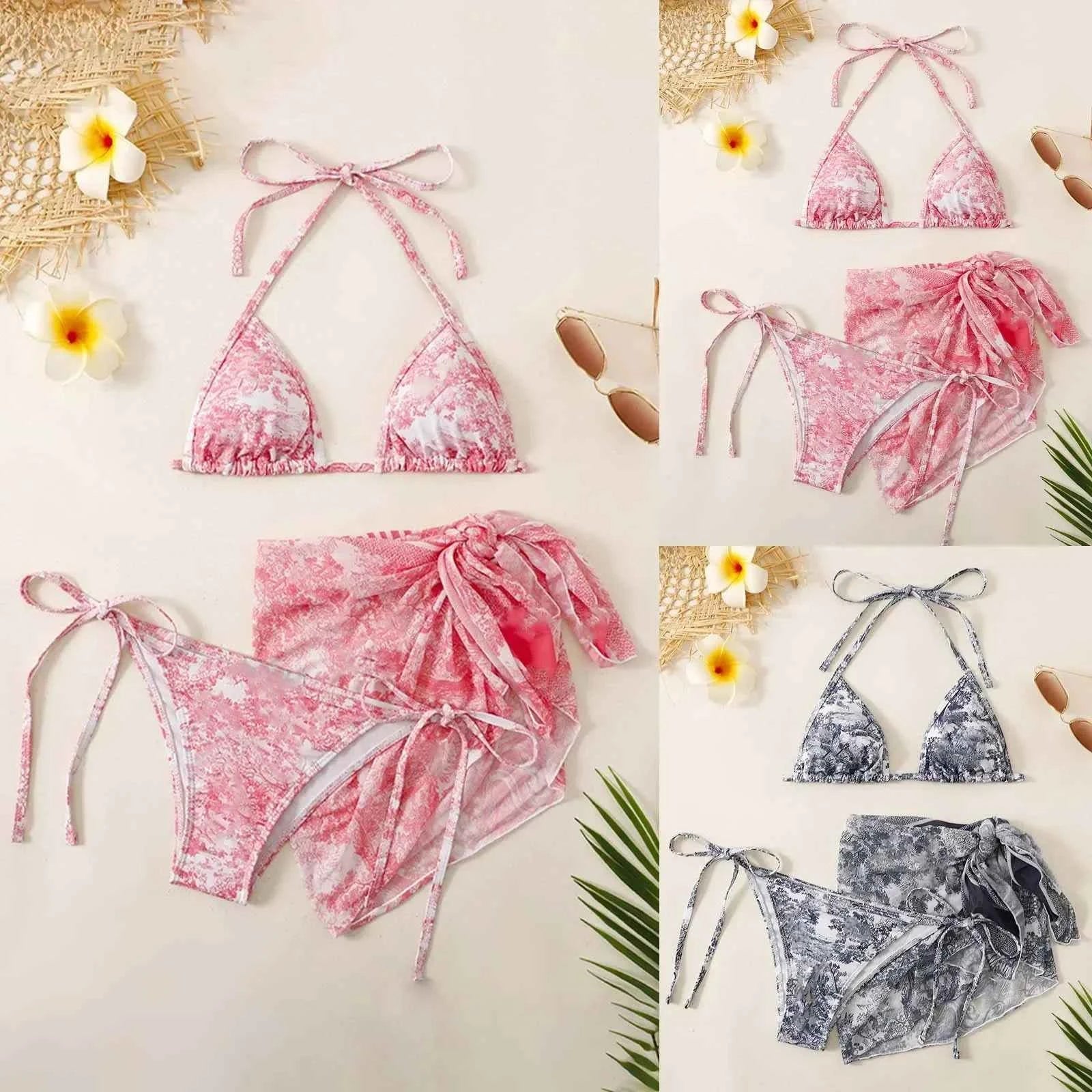 Women's 3 Piece Ink Wash Tie Dye Bikini Set With Sheer Sunscreen Poncho Swimsuit Thong Biquinis Sports Beachwear