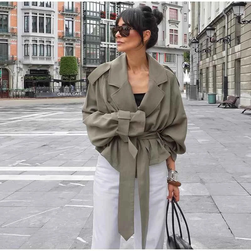 Cropped Lace-up Blue Casual Trench Coat Women Lapel Long Sleeve Wide Shoulder Windbreaker Jacket Fall Commute Daily Streetwear