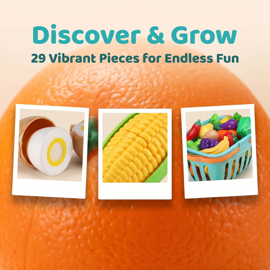 Kids Kitchen Pretend Play Food Toy Set with Cutting Features Random Fruit & Vegetable Accessories Storage Basket & Plastic Dishe