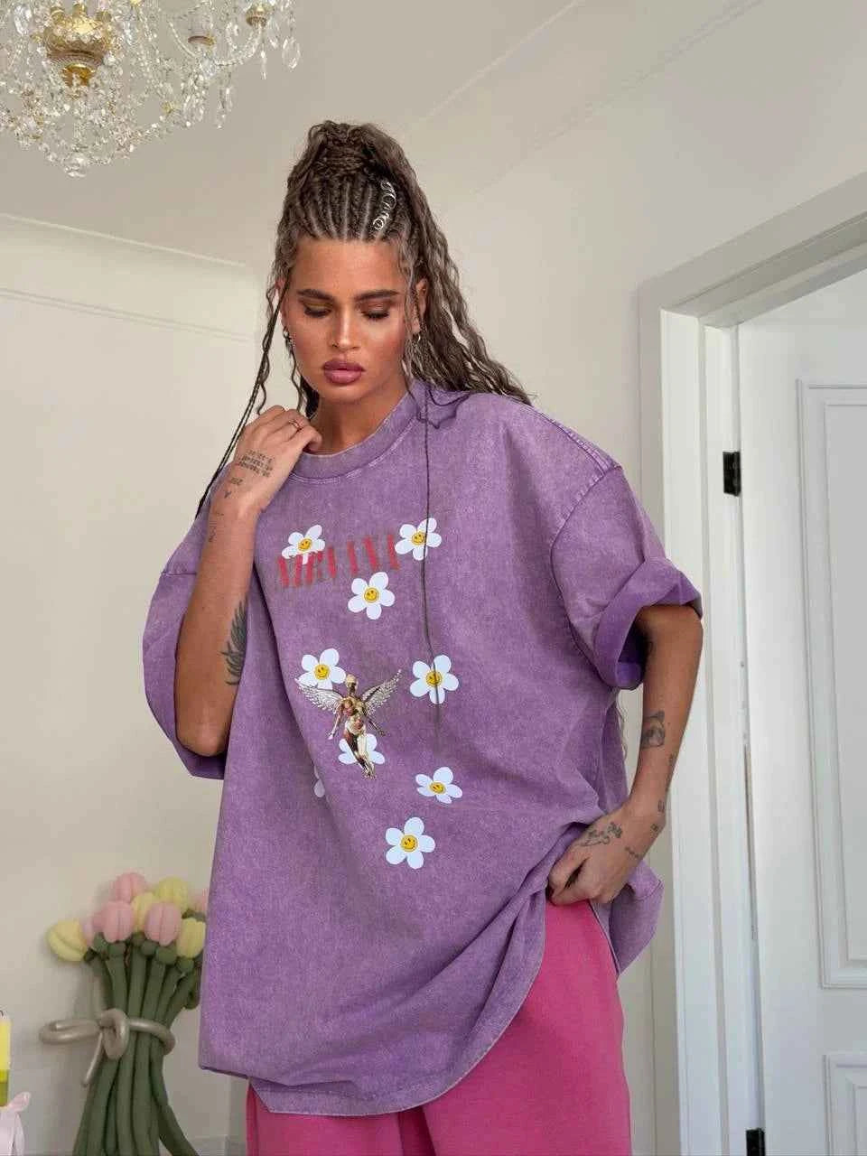 Sumuyoo Women's Retro Printed T-shirt Cotton Men Vintage Short-sleeve Wax Printing T Shirts Fashion Hip Hop Loose Fflower Tees