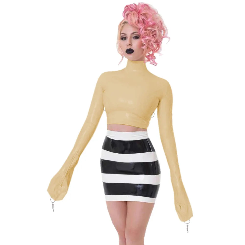 Sexy Crop Tops with Finger High Neck, Slim Skinny Leather, PVC Short Shirts, Vinyl Sexy Top with Lock Key, Club Night