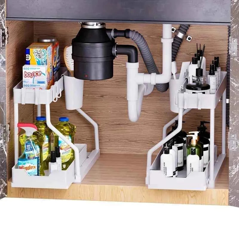 Space Saving 2 Tier Under Sink Organizer,Pull Out Storage Box Durable Large Capacity Kitchen Bathroom Essential Drawer Organizer