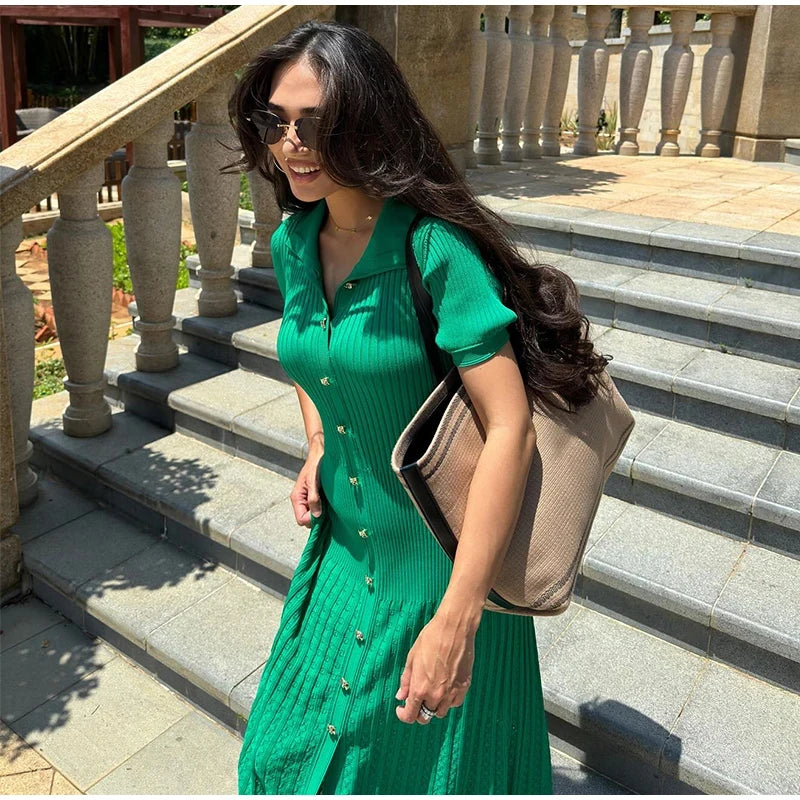 Knitted Women Long Dresses Hollow Out Short Sleeved Women Split Dress O-neck Single Breasted Female Solid Elegant Ladies Robe